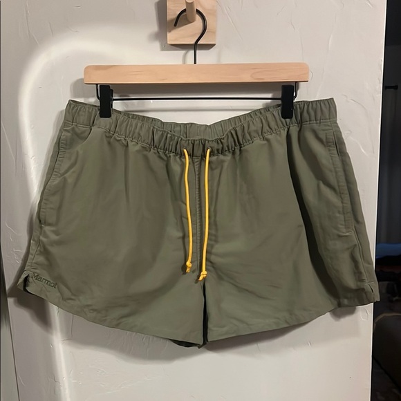 Marmot women’s Olive Athletic Shorts with Yellow Drawstring - Picture 1 of 3